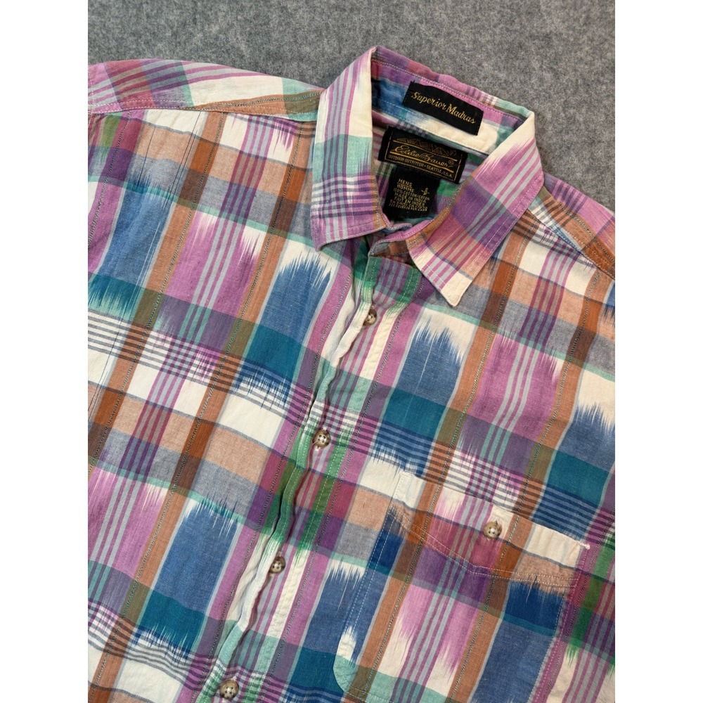 Vintage Eddie Bauer Superior Madras Ikat Plaid Shirt Mens Small Short Sleeve